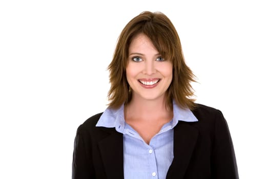 pretty brunette wearing business outfit on white background