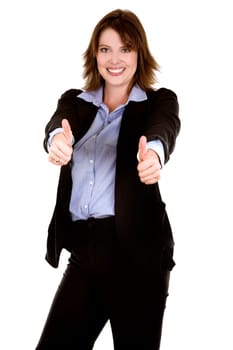 pretty brunette wearing business outfit on white background