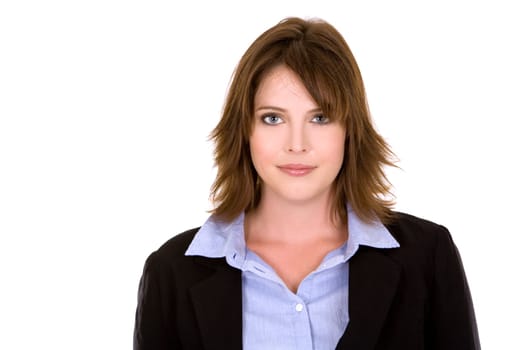 pretty brunette wearing business outfit on white background