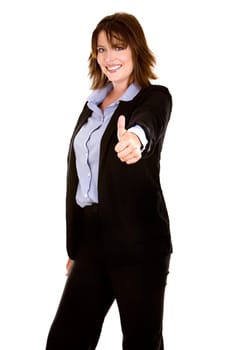 pretty brunette wearing business outfit on white background
