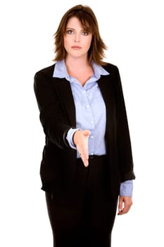 pretty business brunette giving handshake on white background