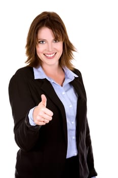 pretty brunette wearing business outfit on white background
