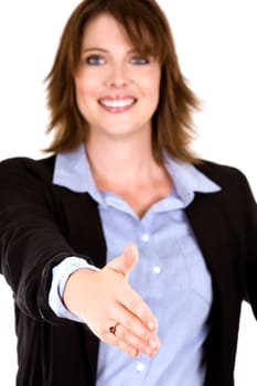 pretty business brunette giving handshake on white background