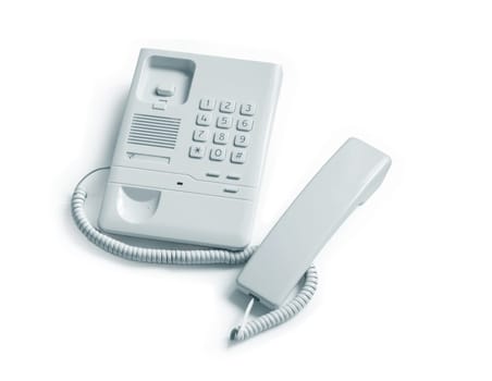 Ordinary gray telephone near receiver on white background. Isolated with clipping path