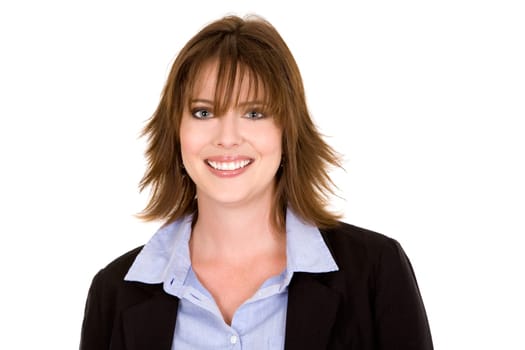 pretty brunette wearing business outfit on white background