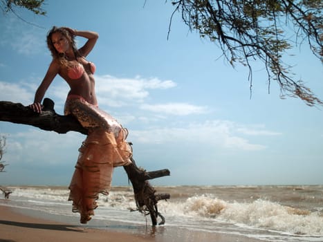woman in exotic dress sitting on a branch on the beach