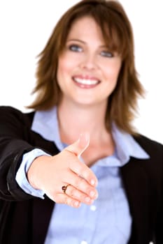 pretty business brunette giving handshake on white background