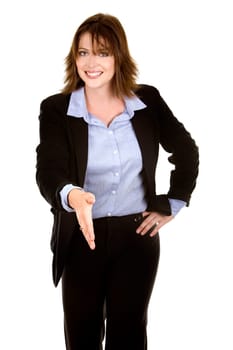 pretty business brunette giving handshake on white background