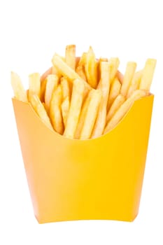 Fries. In the yellow box. On a white background.