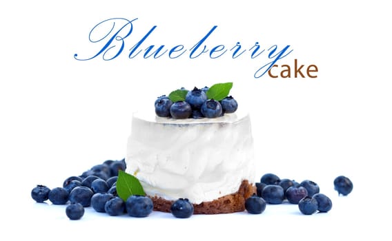 Cheesecake with bilberries on white background, place for your text up