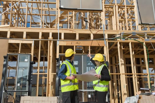 civil engineer and worker discussing issues at the construction site