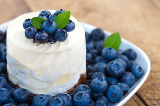 Blueberry cheesecake with fruits on a plate, rustic style