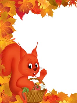 Frame illustration with autumn leaves and a squirrel