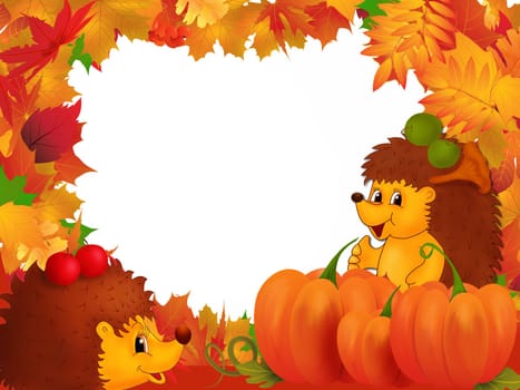Illustration with frame of autumn leaves and hedgehogs