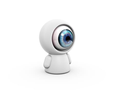 camera eye doll sitting on white background
