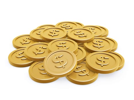 dollar symbol gold coins pile on white background