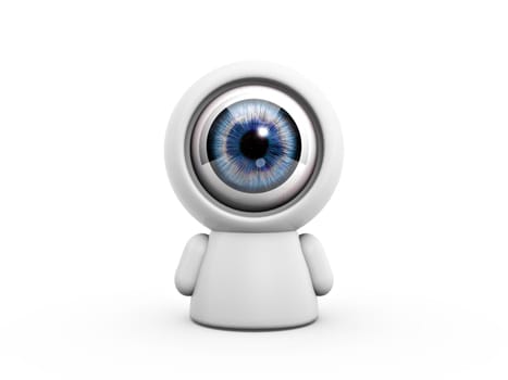 camera eye doll sitting on white background