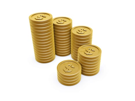 dollar symbol gold coins pile on white background