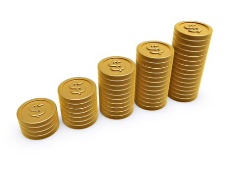dollar symbol gold coins pile on white background