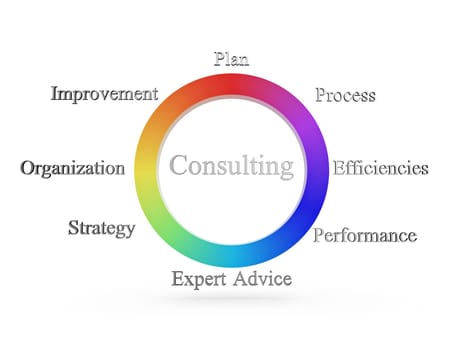 arrangement shows a consulting improvement, plan, process, organization, expert advice, performance, strategy, and efficiencies labels.