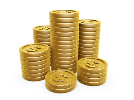 dollar symbol gold coins pile on white background