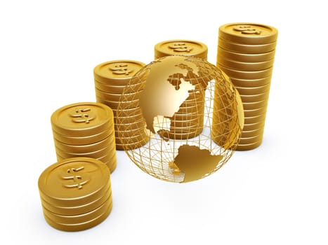 dollar symbol gold coins pile and globe on white background