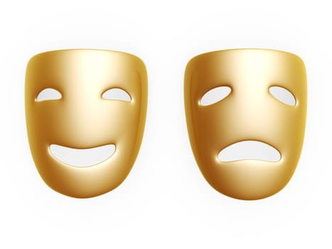 gold comedy and tragedy masks isolated over white background