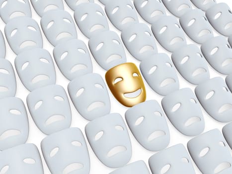 gold comedy one in tragedy masks isolated over white background