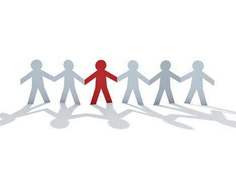 unique paper man in a team over white background