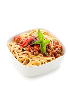 photo of delicious italian pasta with meat sauce on white background