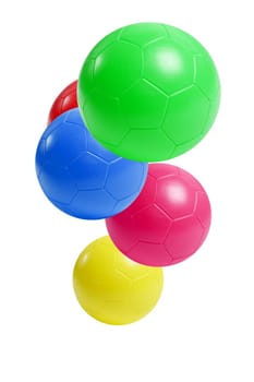 Colorful plastic soccer balls suspended in the air on white background