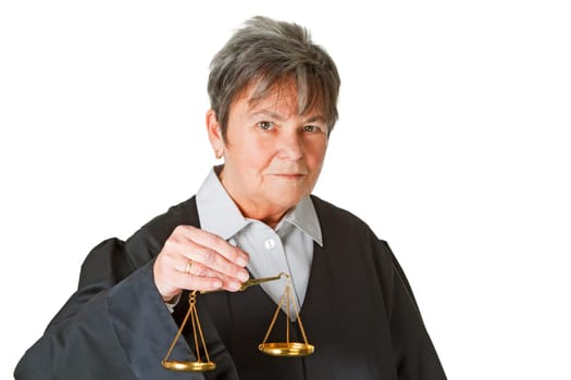 Female lawyer with scale balance - isolated on white background