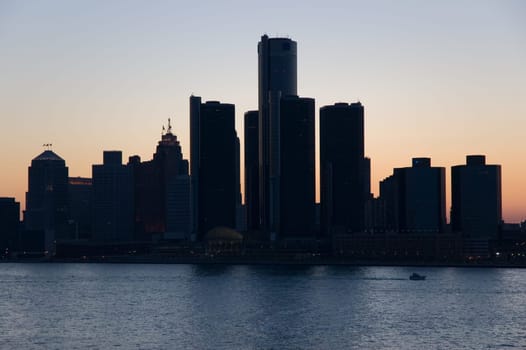 City of Detroit skyline, taken from Windsor Ontario at dusk.