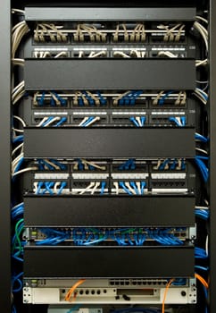 Patch cables plugged in to ethernet swicth and patch panel, in managed cabling rack