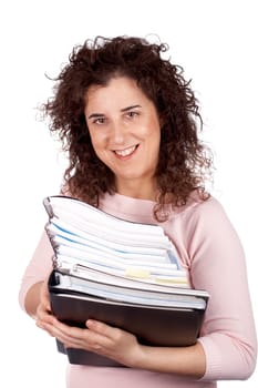 Busy business woman carrying stacked files over a white background