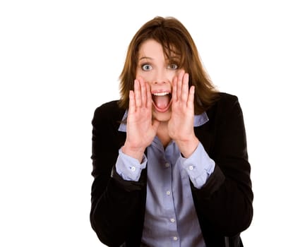 pretty brunette shouting wearing business outfit on white
