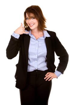 pretty brunette wearing business outfit on white background