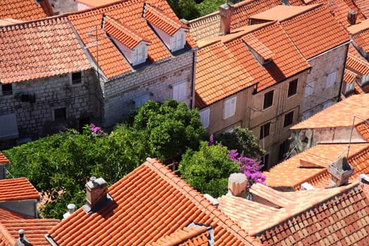 Red tiled roofs of Dubrovnik old town, high angle view