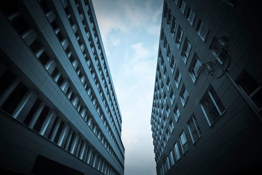 Blue office buildings in Potsdamer Platz, Berlin, Germany.