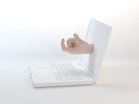 A hand gesturing from laptop