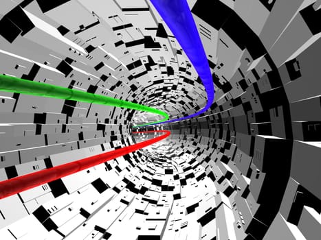 Futuristic tunnel with electrons running through it