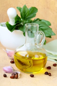 Mortar with garlic and basil herbs