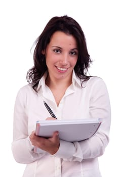 beautiful and happy businesswoman taking notes, isolated on white, studio shot