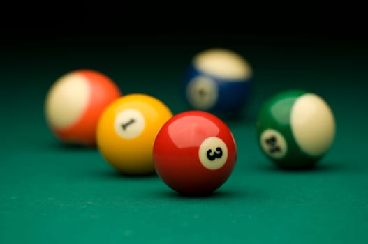 Billiard balls on the pool table.