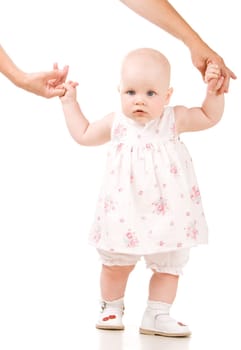 Sweet baby holding mothers hand, isolated on white