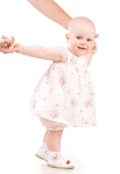 Sweet baby holding mothers hand, isolated on white