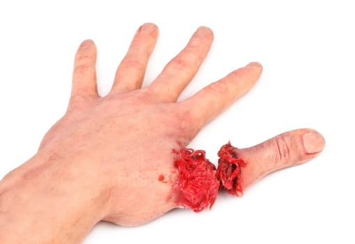 artificial human hand with cut out finger on white background