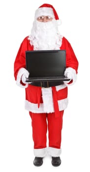 Santa claus shows laptop with empty screen on white