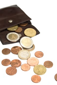 Euro coins spilling out of open leather wallet  isolated on white background.