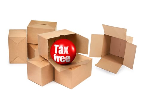 tax free concept - cardboard boxes and 3D sale ball, photo does not infringe any copyright